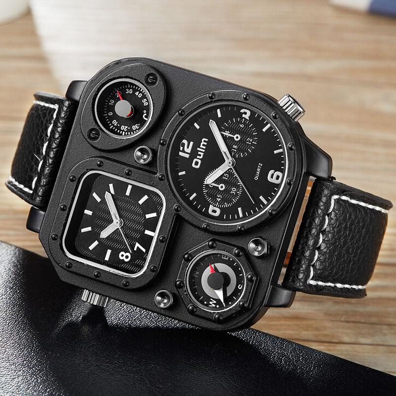Top-tier Luxury Men's Watch, square Dial, Compass, Thermometer Design, Dual-time Quartz Vintage Sports Leather Watch