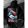Ukiyo-E Great Wave Kanagawa Hoodie Men Aesthetic Sakura Tokyo Letter Graphic Sweatshirt Oriental Vintage Daily Hooded Pullover
