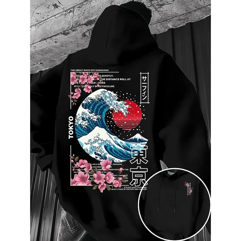 Ukiyo-E Great Wave Kanagawa Hoodie Men Aesthetic Sakura Tokyo Letter Graphic Sweatshirt Oriental Vintage Daily Hooded Pullover