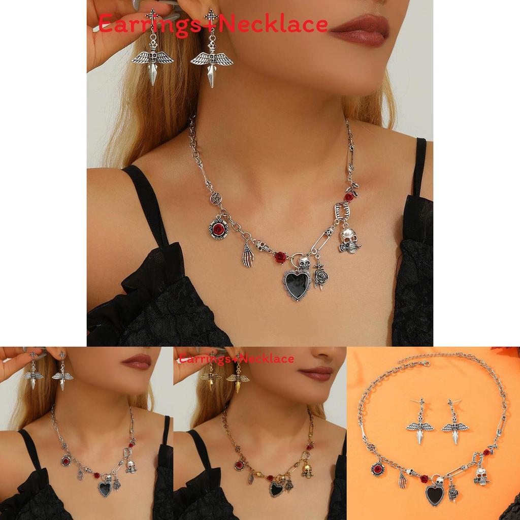 Halloween Skull Jewelry Set With Vampire Rose Pendant And Earrings For Men And Women