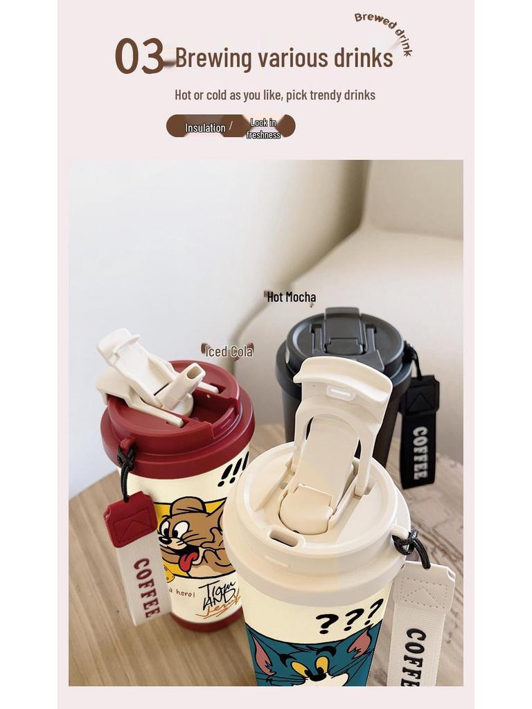 Tom and Jerry Stainless Steel Insulated Straw Cup - Cute Cartoon Coffee and Water Bottle
