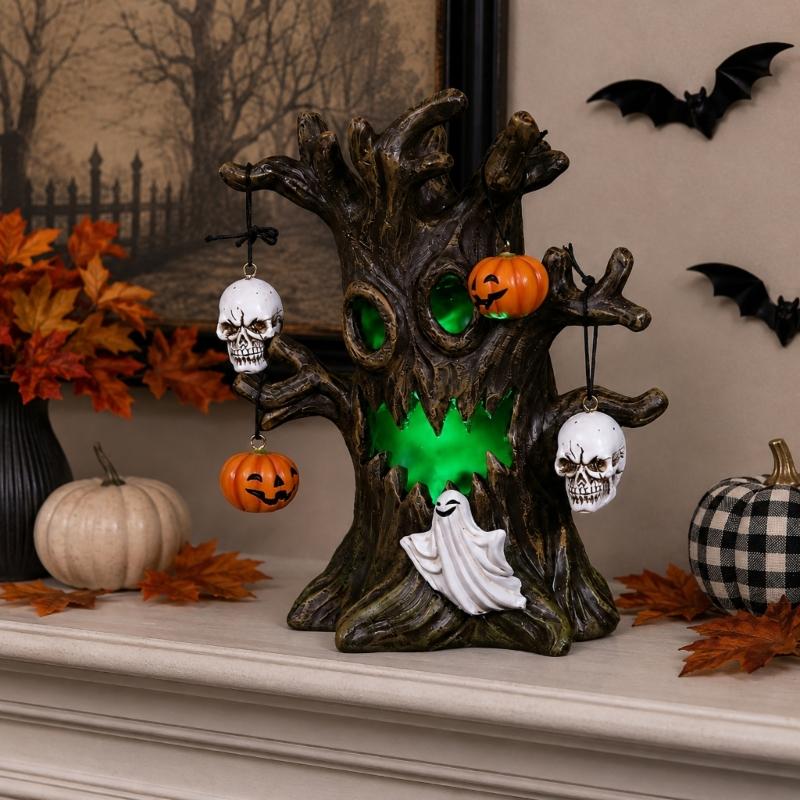 Open Center Halloween Resin Figure with Interior Light, Freestanding Piece for Shelf Table Home and Office Holiday Use in Seasonal Styling