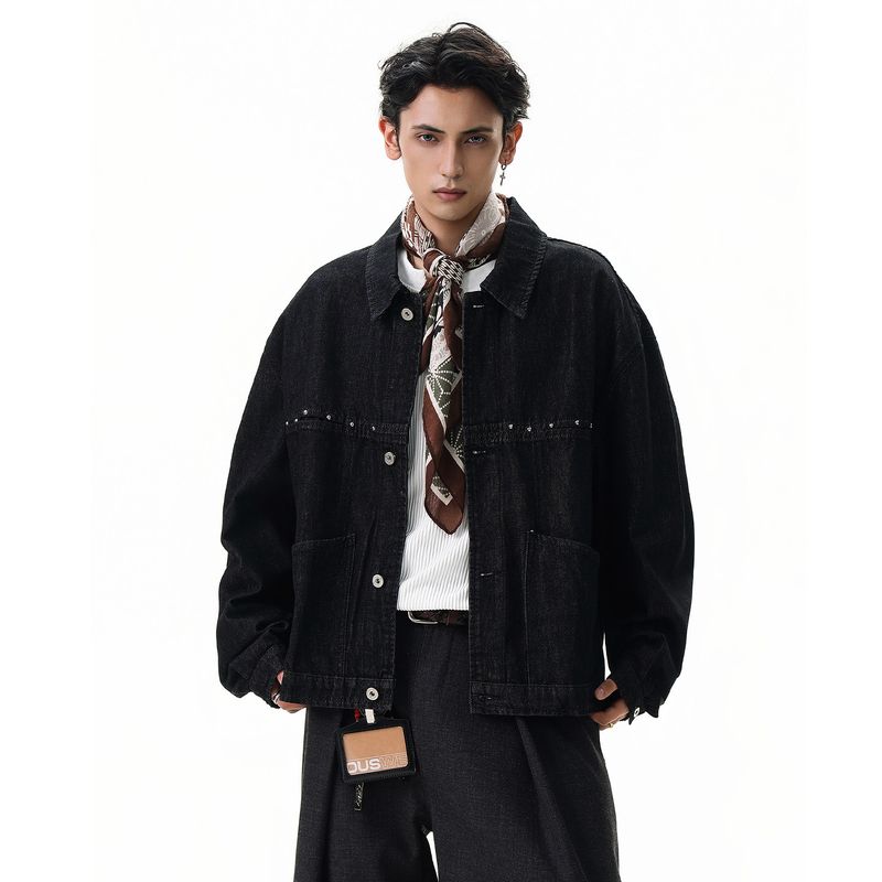 

Acrardic Autumn 2025 Fashion Brand Rivet Denim Black Short Denim jacket Men s Street Pu Shuai Loose Outerwear Black XL