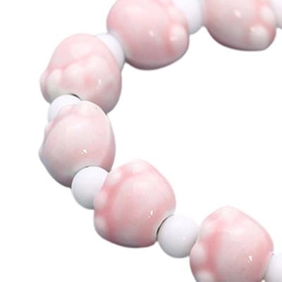 Adjustable Ceramic Bead Bangle Handmade Bracelet Cartoon Puss Paw Design Elastic Cord for Daily Fashion Accessory