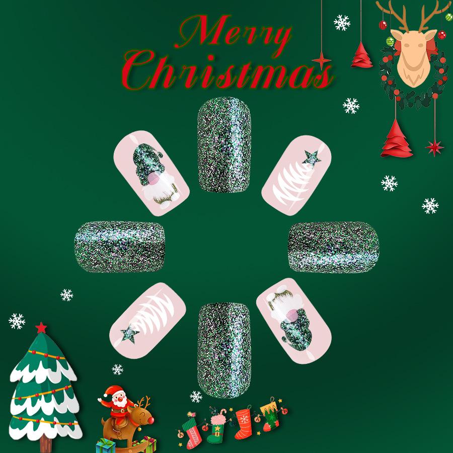 BEPAN 24Pcs Green Santa Press On Nails Short Glossy Square Full Cover Fake Nail Tips Christmas Tree with Glitter False Nail Festival