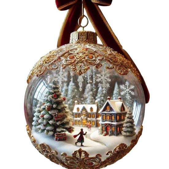 Elegant 2D Fairy Tale Planet Christmas Ornament with Snow Globe and Reindeer Motif