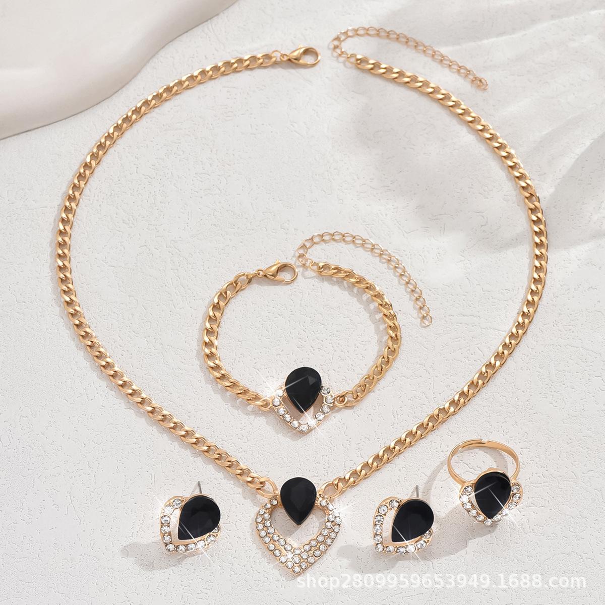 

Набор из 5 новых модных кубинских цепочек, черные капли воды, хрустальные ожерелья, браслеты, кольца, серьги и сплавные бусины. чёрный