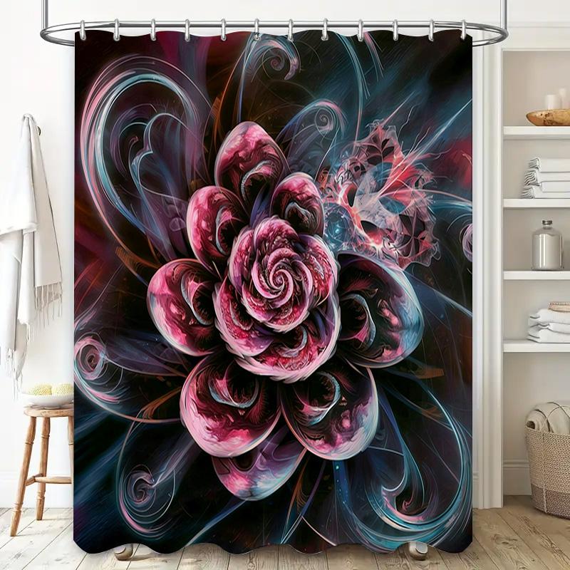Luxury Floral Printed Shower Curtain Black Pink Blue Swirl Pattern Decorative Water Repellent Polyester Bath Rug Liner Set For B