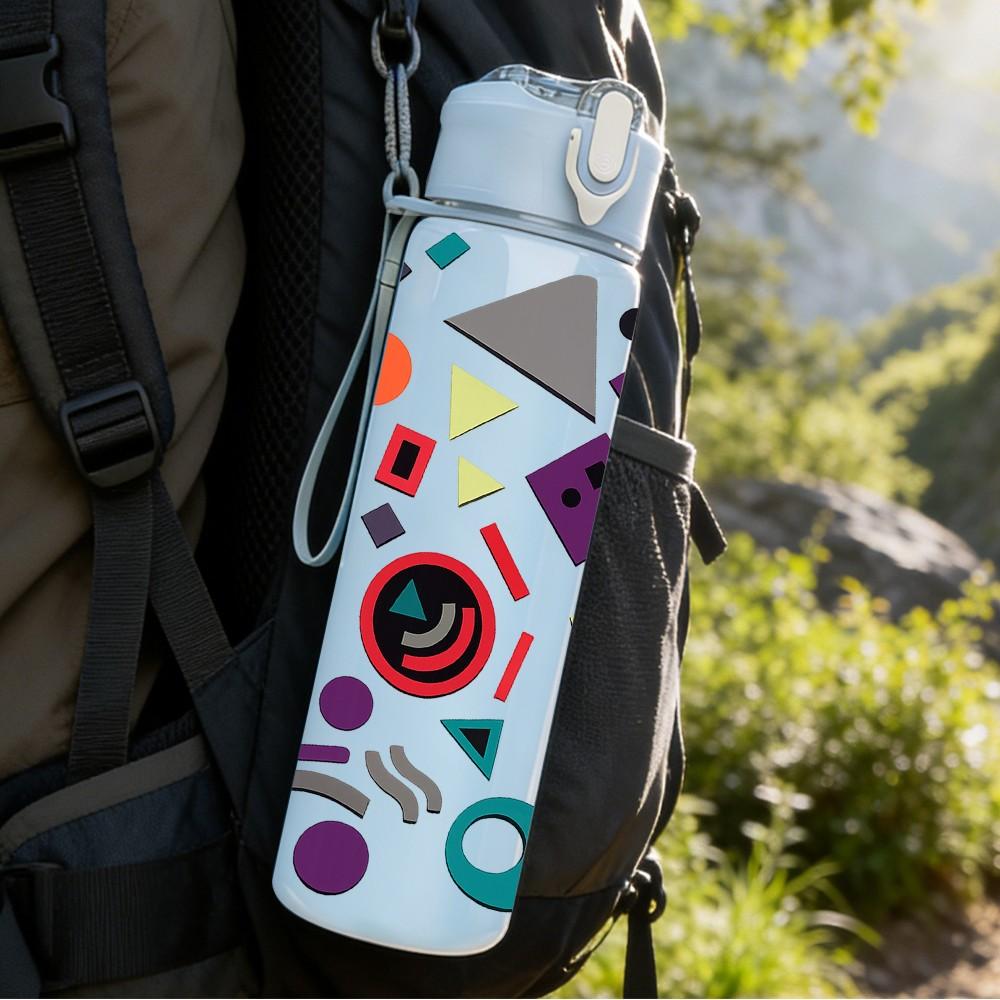 1PC Colorful Geometric Shape Doodle Print 750ml Color Plastic Sports Water Bottle Leakproof Flip Straw Lid Suitable for Sports Office Home Use