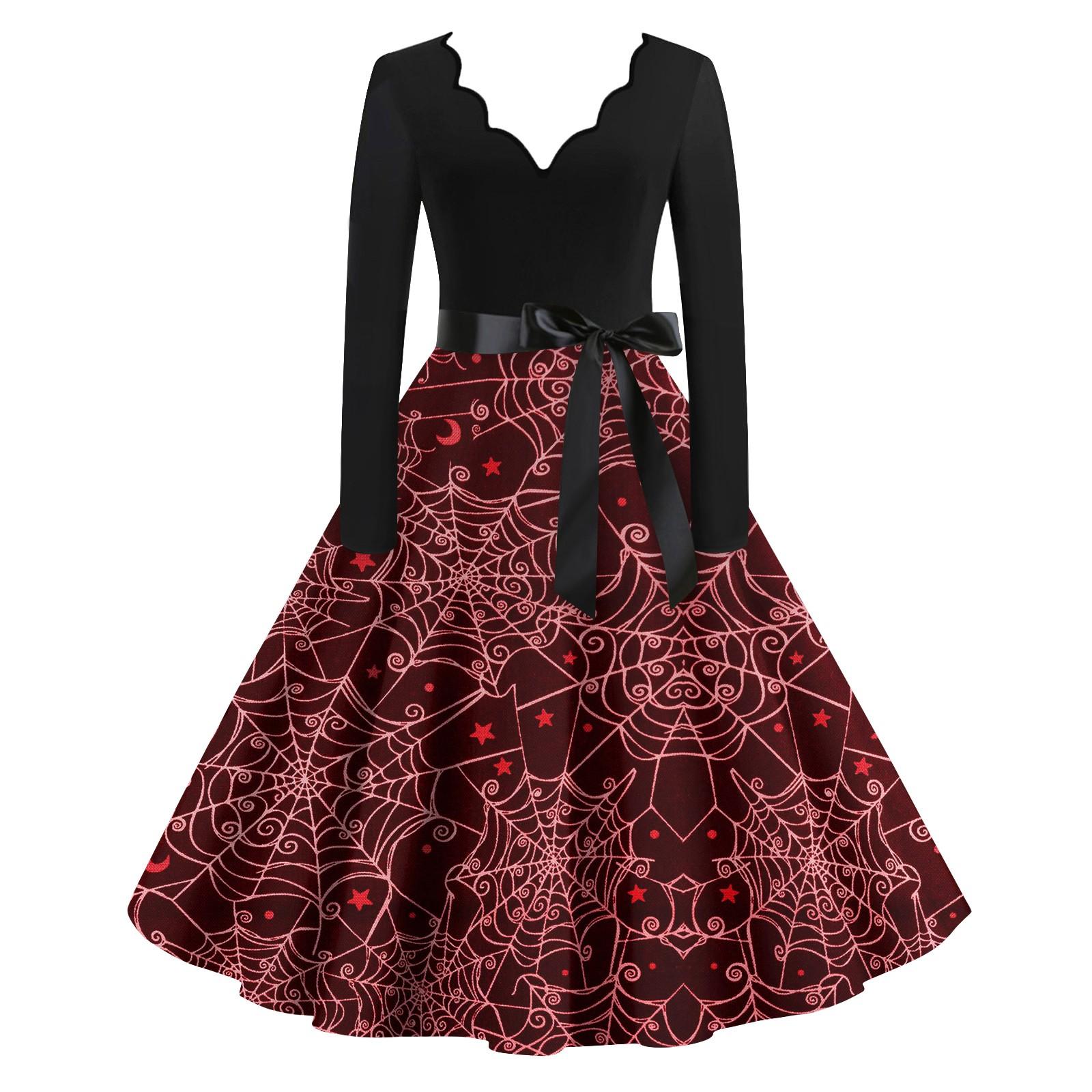 

Женские повседневные модные винтажные длинные платья с длинным рукавом на Хэллоуин и графическим принтом XXXL винный