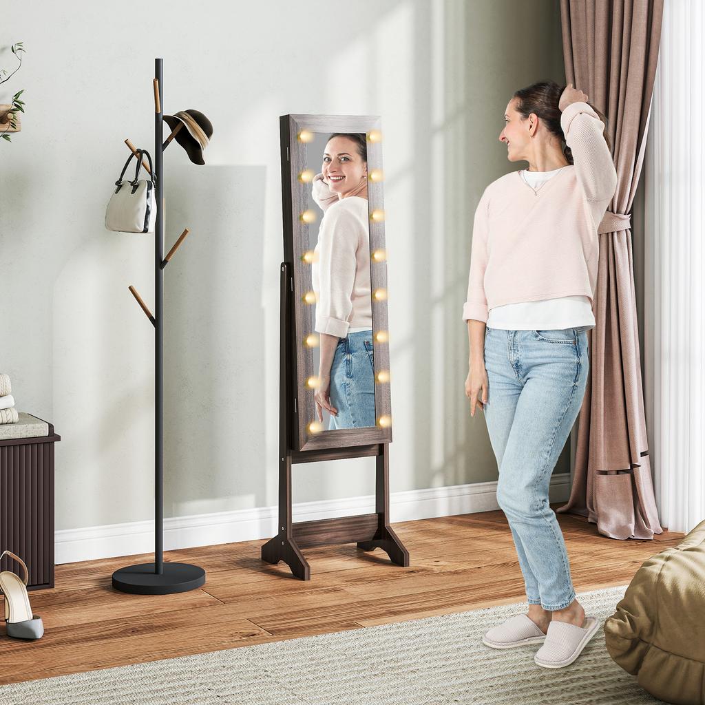 Freestanding Jewelry Armoire with Mirror, Multi-Storage, LED Lighting, Dark Brown