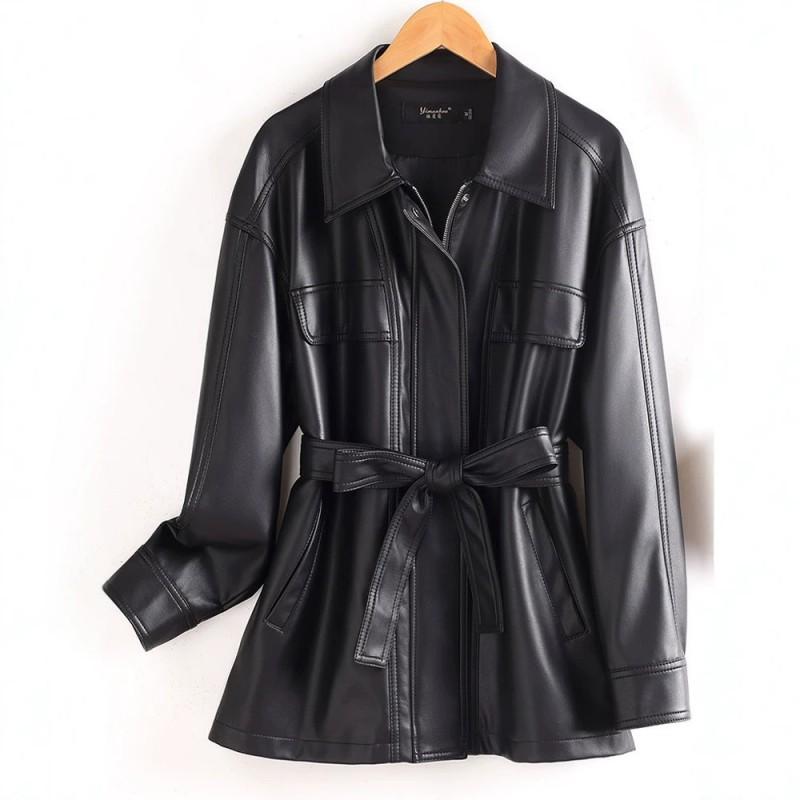 Womens 2026 Sheep Leather Trench Coat Lapel Belted Plus Size Jacket