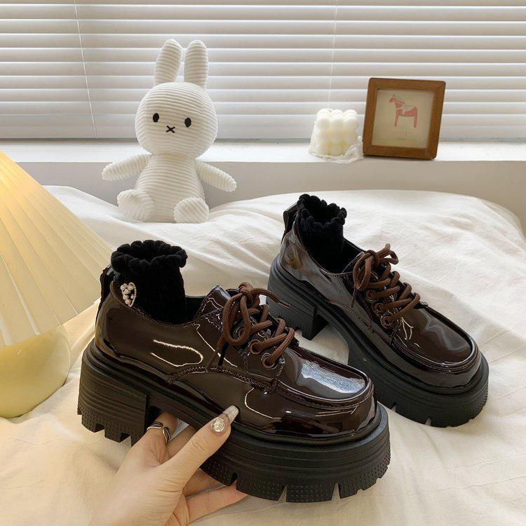 Women's Spring 2025 British-Style Patent Leather Loafers: High Chunky Heel, Thick Sole, Lace-Up, Round Toe.