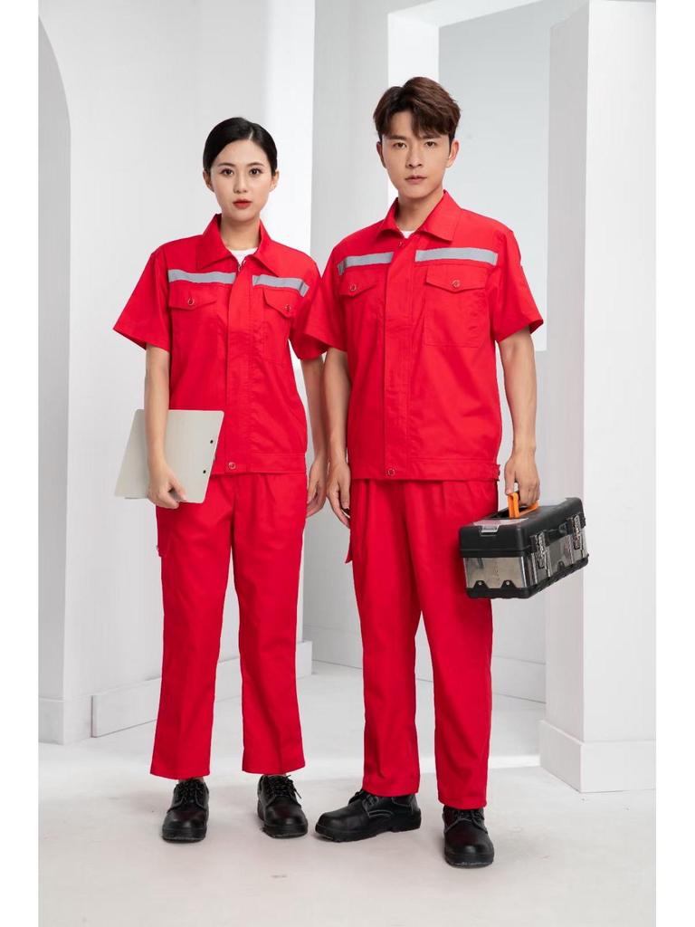 Summer Lightweight Polyester Cotton Reflective Workwear Set - Long Sleeve Protective Clothing for Construction and Workshop Use.