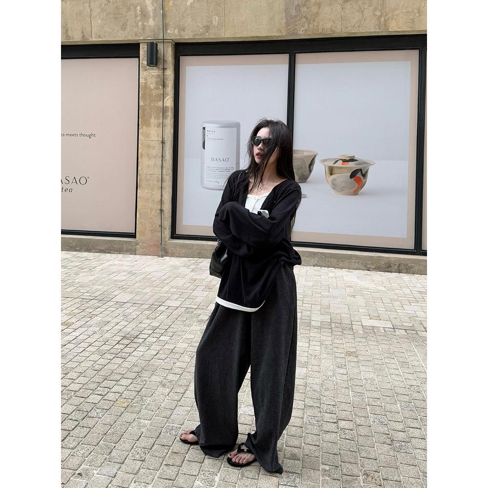 Superniniyy Wrinkled Texture Drawstring Wide-Leg Casual Pants for Women