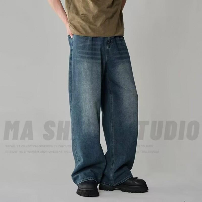 Mens Relaxed Straight Fit Denim Jeans Vintage Washed Cotton Blend Mid-Rise Casual Trousers Fall