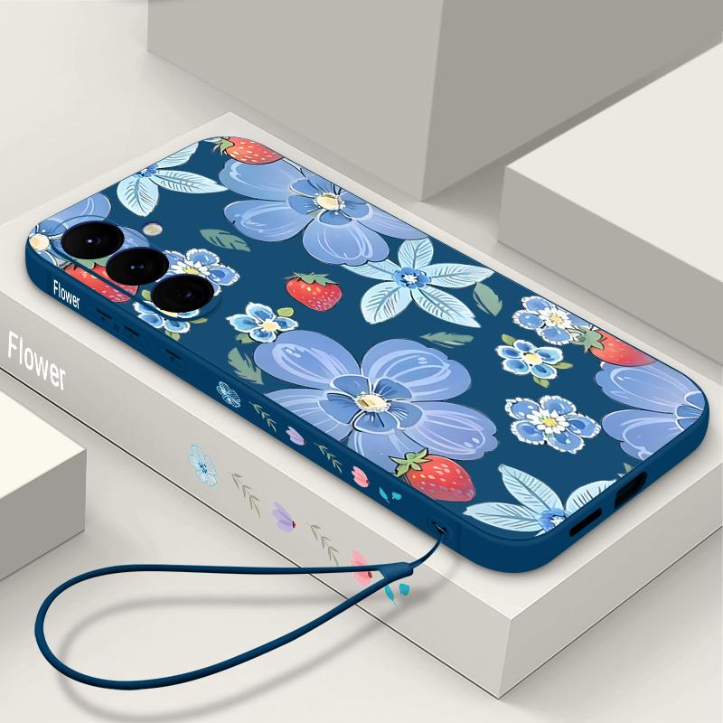 Retro Flower Print Lanyard Phone Case For Samsung Galaxy A57 A17 A56 A16 A55 A15 A36 S24 S25 FE S26 S25 S23 S22 Ultra Soft Cover