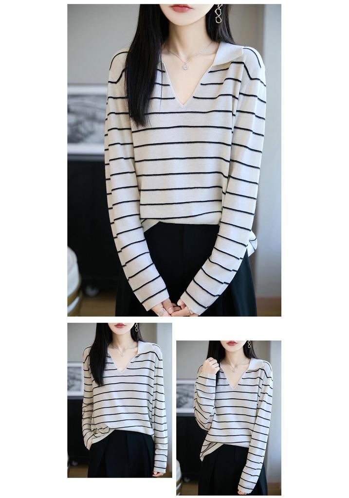 Women's 48s Fine Wool V-Neck Loose Fit Polo Shirt - Black & White Striped Knitwear