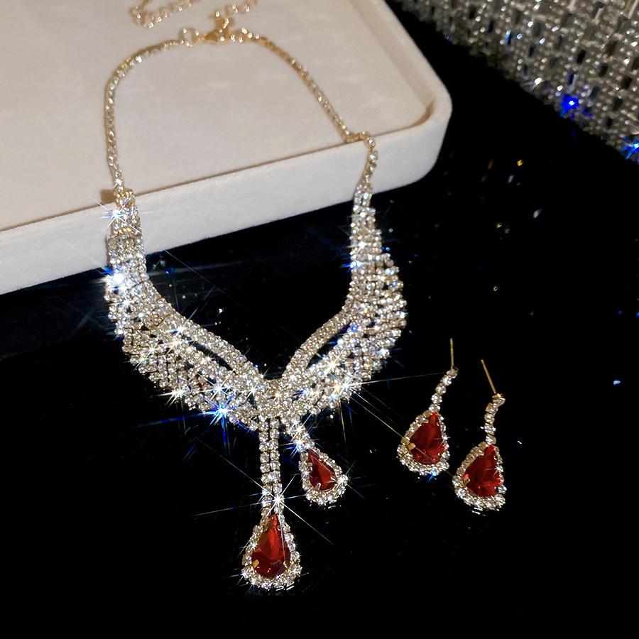 Exquisite Rhinestone Water Drop Tassel Necklace & Earring Set - Luxurious European & American Style