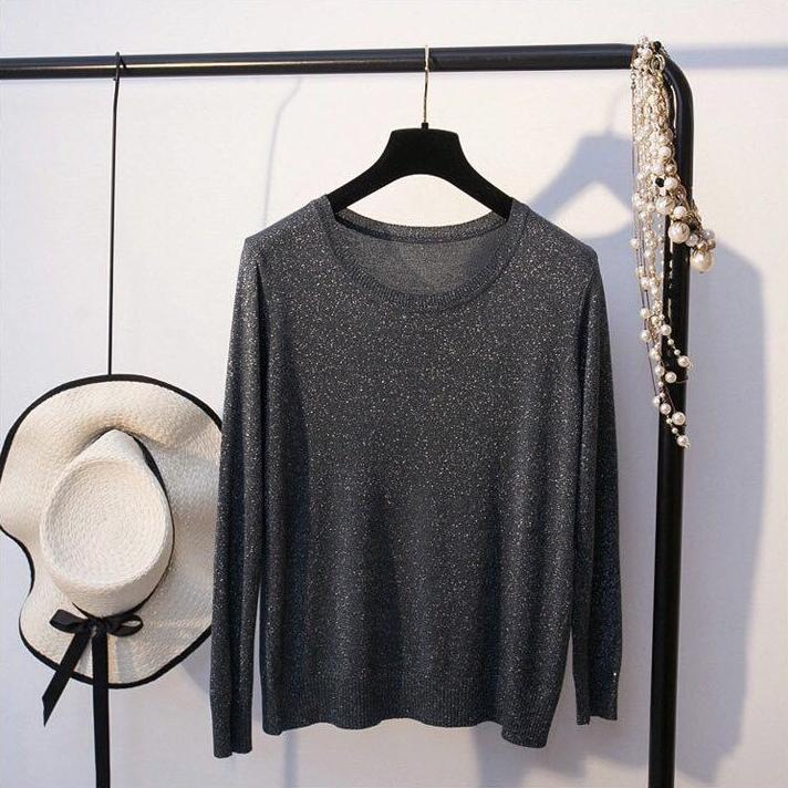 Shiny and Glittering Thin Sweater for Women Loose Knitted Sweater for Autumn Round-neck Pullover Long-sleeved Top