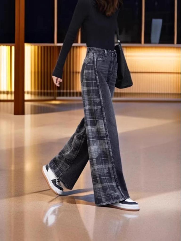 High-Waist Retro Plaid Patchwork Jeans: Loose, Slimming, and Versatile Wide-Leg Pants for Autumn/Winter