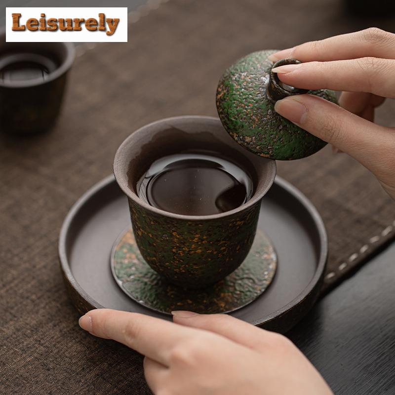 130ml Kiln Fambe Old Rock Clay Fairy Trail Green Gaiwan Ancient Tea Tureen Tea Bowl With Lid Kit Tea Maker Cover Bowl Cafes Gift