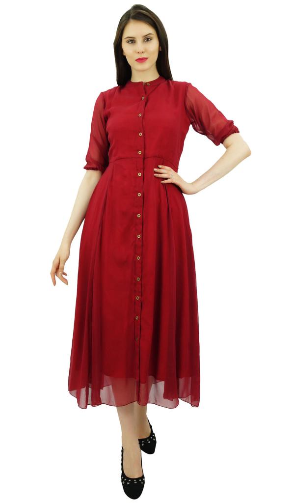 Bimba Women's Georgette Shirt Dress With Front Opening Formal 3 4 Sleeve Chic