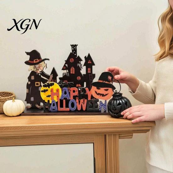 Festive Atmosphere Tabletop Decor Halloween Wooden Table Centerpiece, Decorative Sign Ornaments, 3D Layered Gnome Pumpkin Skeleton