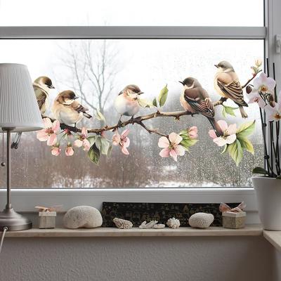 PVC Decorative Flower Birds Sticker Static Window Decor Vinyl Art Spring Flowers Glass Wall Decal for Home Bathroom Decoration