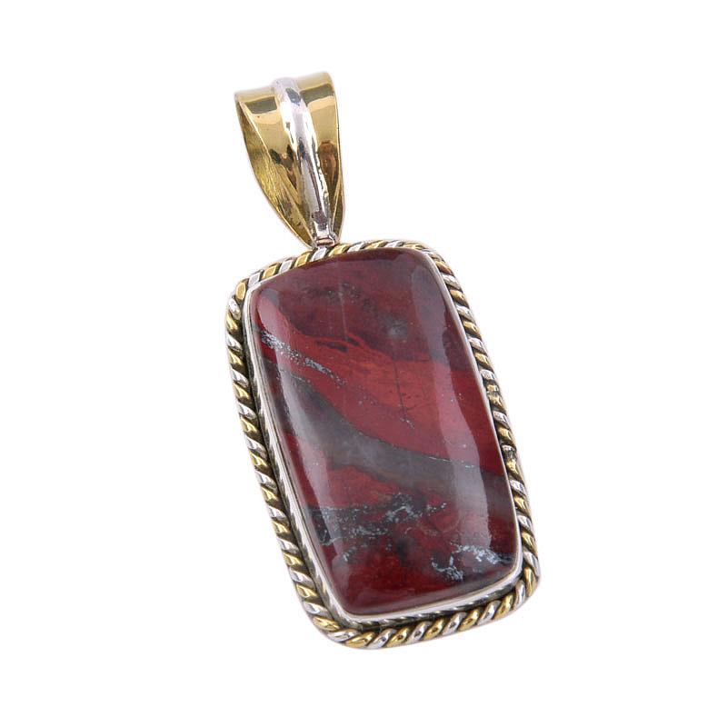 Natural Red Jasper Gemstone 925 Solid Sterling Silver TwoTone Pendant 1.50" H8L77