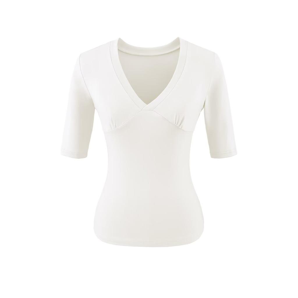 V-neck Medium-sleeved T-shirt Women's Summer New American Spice Girl Style Solid Color Slim-fitting Model with Thin Bottom Top