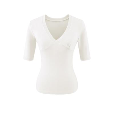 V-neck Medium-sleeved T-shirt Women's Summer New American Spice Girl Style Solid Color Slim-fitting Model with Thin Bottom Top