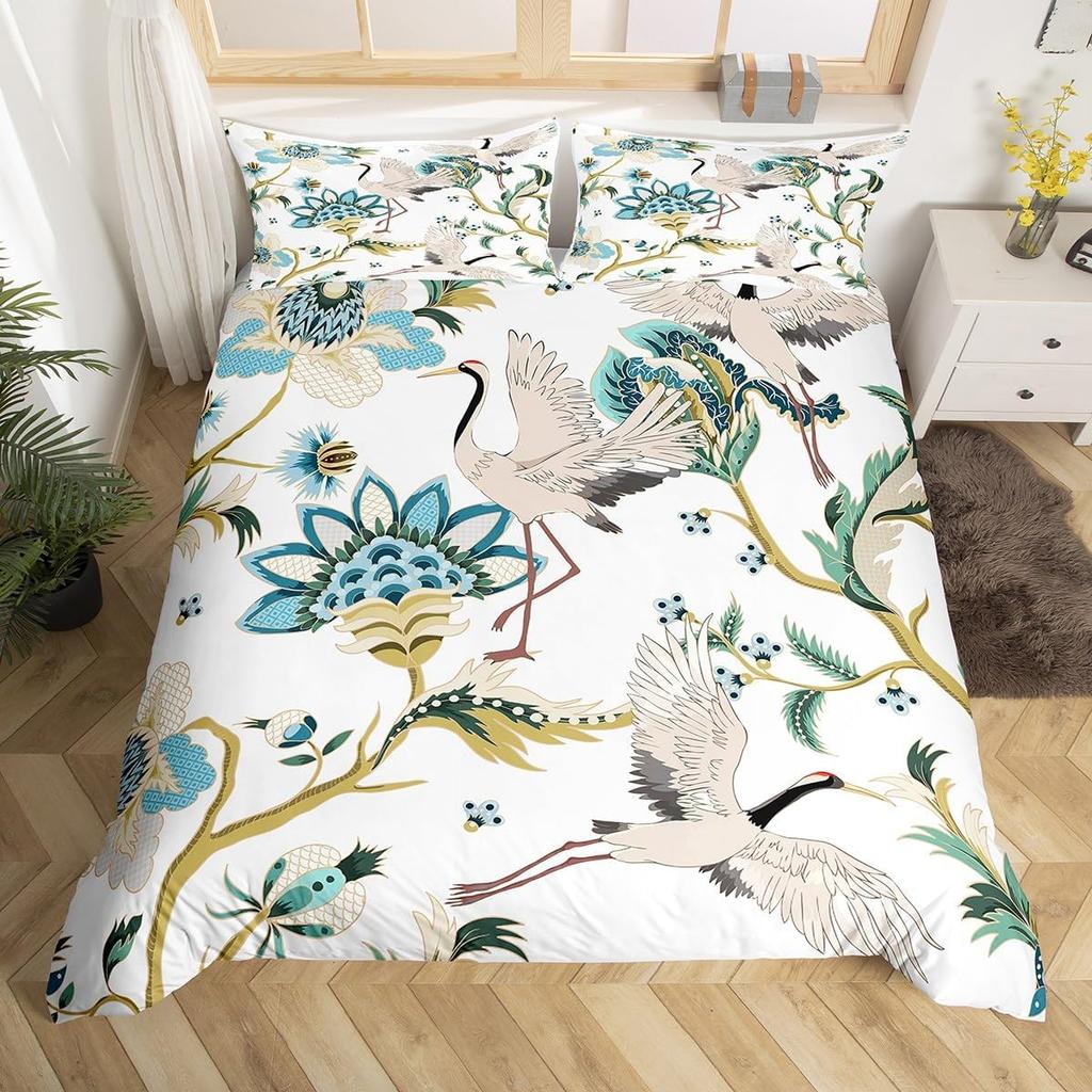 Crane Duvet Cover Twin King Traditional Chinese Style Painting Quilt Cover Chrysanthemum Flower Floral Bedding Set For Dorm Room