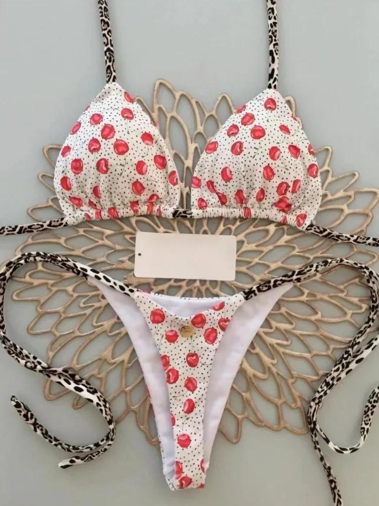 2025 Brazilian Bikini Women Suit, Beach Fashion, Sexy Thong Swimsuit, Cute Cherry Print