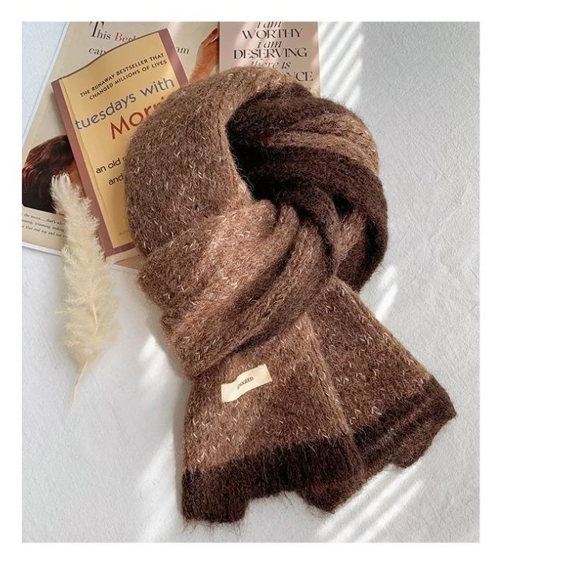 Xiaoxiangfeng Color Blocked Wool Scarf for Women Winter High End Thickened Warm Mohair Knitted Shawl Scarf for Students