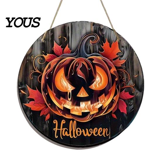 Pumpkin Door Decor for Porch Halloween Wooden Hanger Sign, Flame Maple Leaf Printed Round Hanging Plaque, Rustic Fall Wall Plaque Waterproof