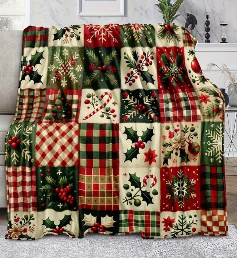 Christmas Holiday Flannel Blanket - All-Season Soft Warm Throw with Festive for Sofa Bed, Ideal Santa Gift, Christmas Blanket