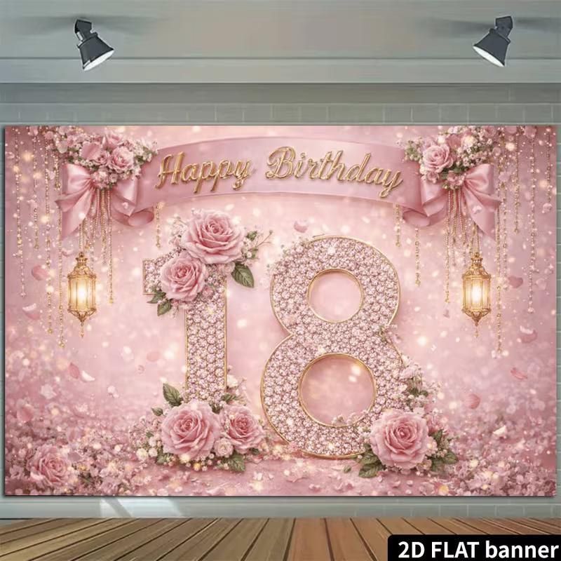 2D Pink 18th Birthday Backdrop Photo Booth Props with Sparkles
