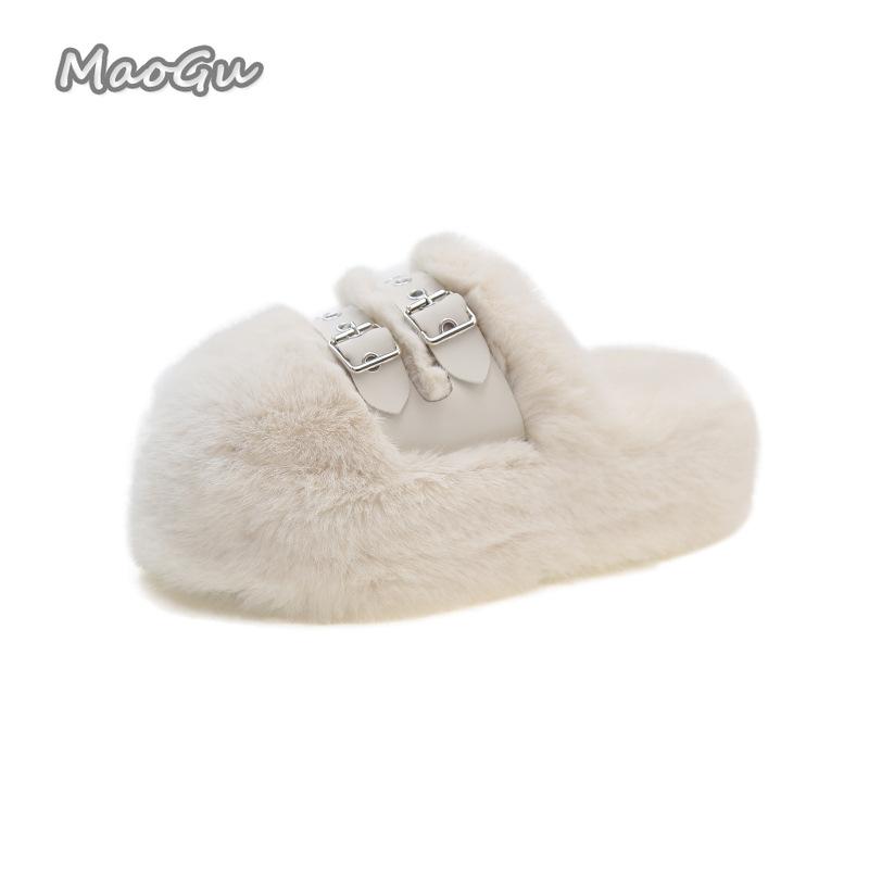 

Зручні пухнасті капці для жінок домашнє взуття товста плоска підошва легкі короткі плюшеві сандалі осінь зима жіноче взуття 41 бежевий