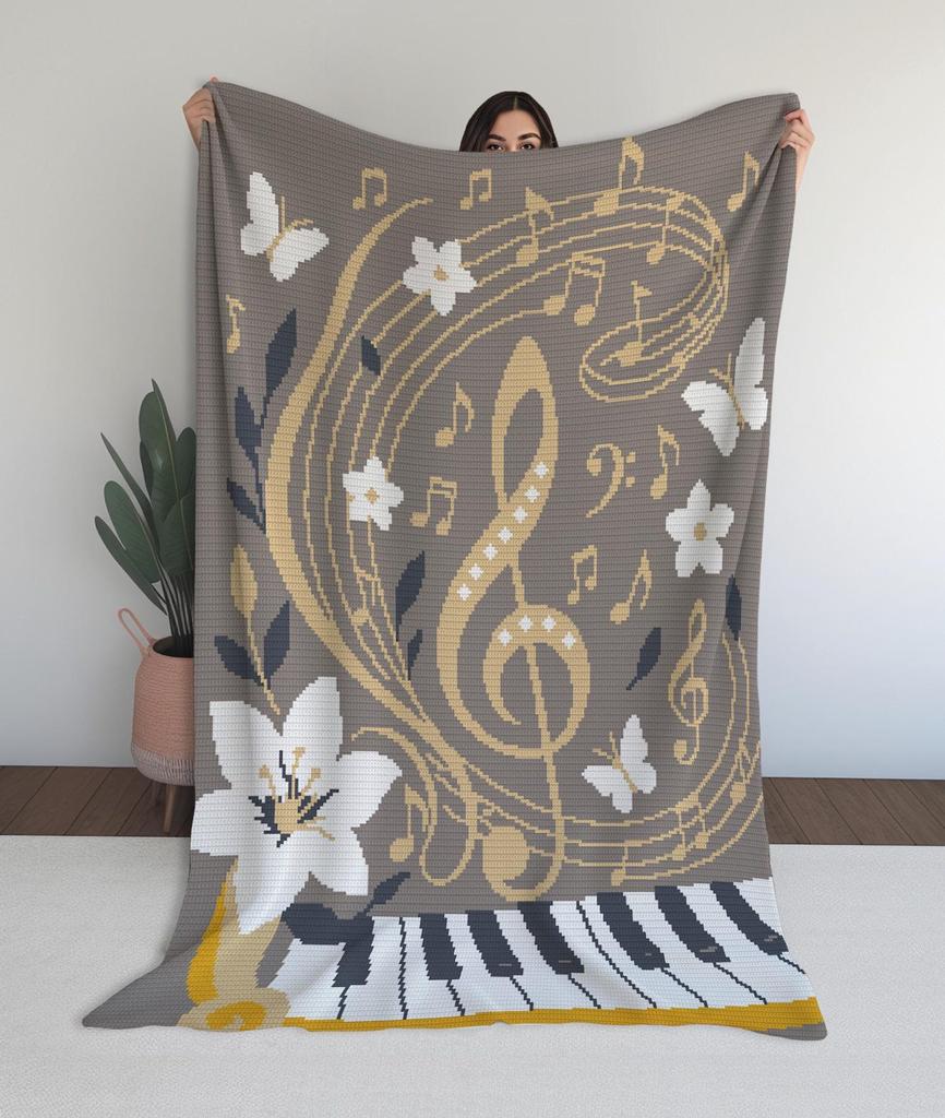 Music Crochet - Piano & Treble Clef Musical Notes Throw Single Crochet Tapestry Pattern Design (PDF)