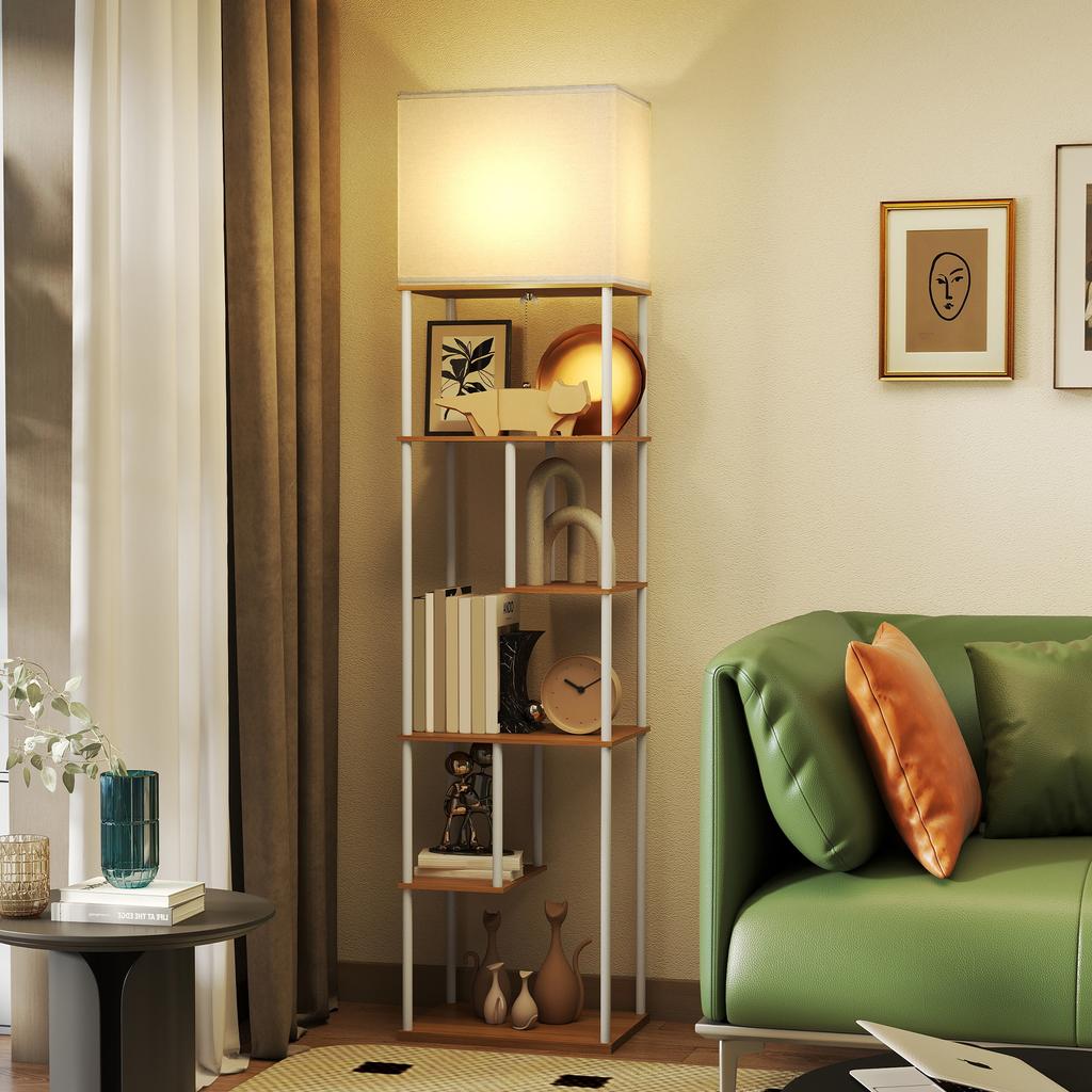 Floor Lamp with Shelves, 3000K-6500K, Remote Control, E27 Bulb, Natural