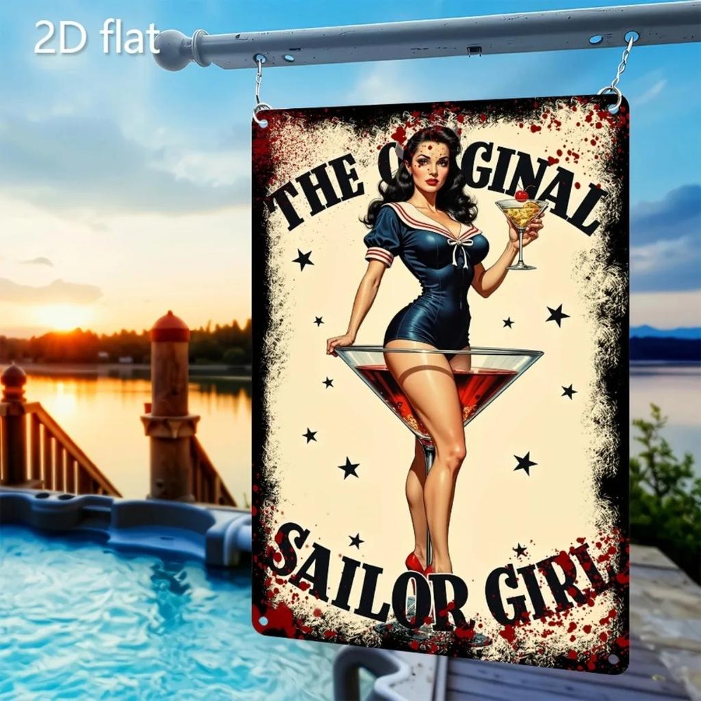 Vintage Sailor Girl Tin Sign Wall Art with Martini Retro Nautical Decor