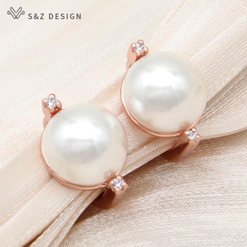 Mote Runde Simulert-perle Dråpeøreringer For Kvinner Bryllup Rose Gull Farge Cubic Zirconia Smykker Eardrop