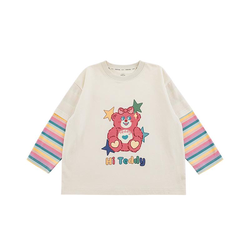 Wulibu Girls' Cartoon Print Faux Two-Piece Ribbed T-Shirt - Cute, Casual Spring 2025 Trend.