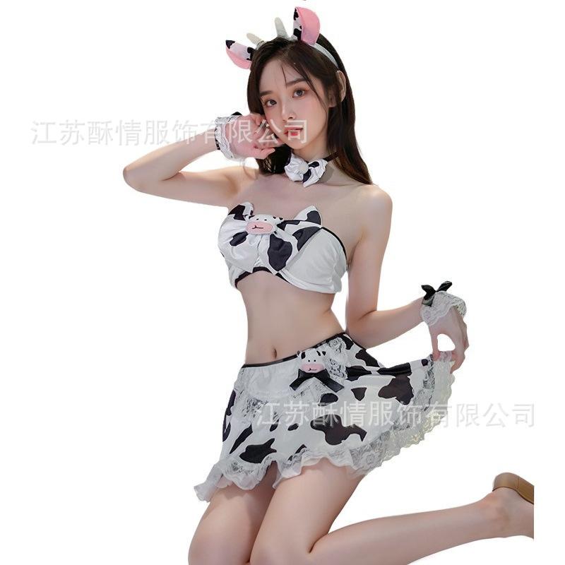 Sex Underwear Sexy Cow Uniform Seduction Bed Set Open Cute Passion Pajamas Split Open Skirt