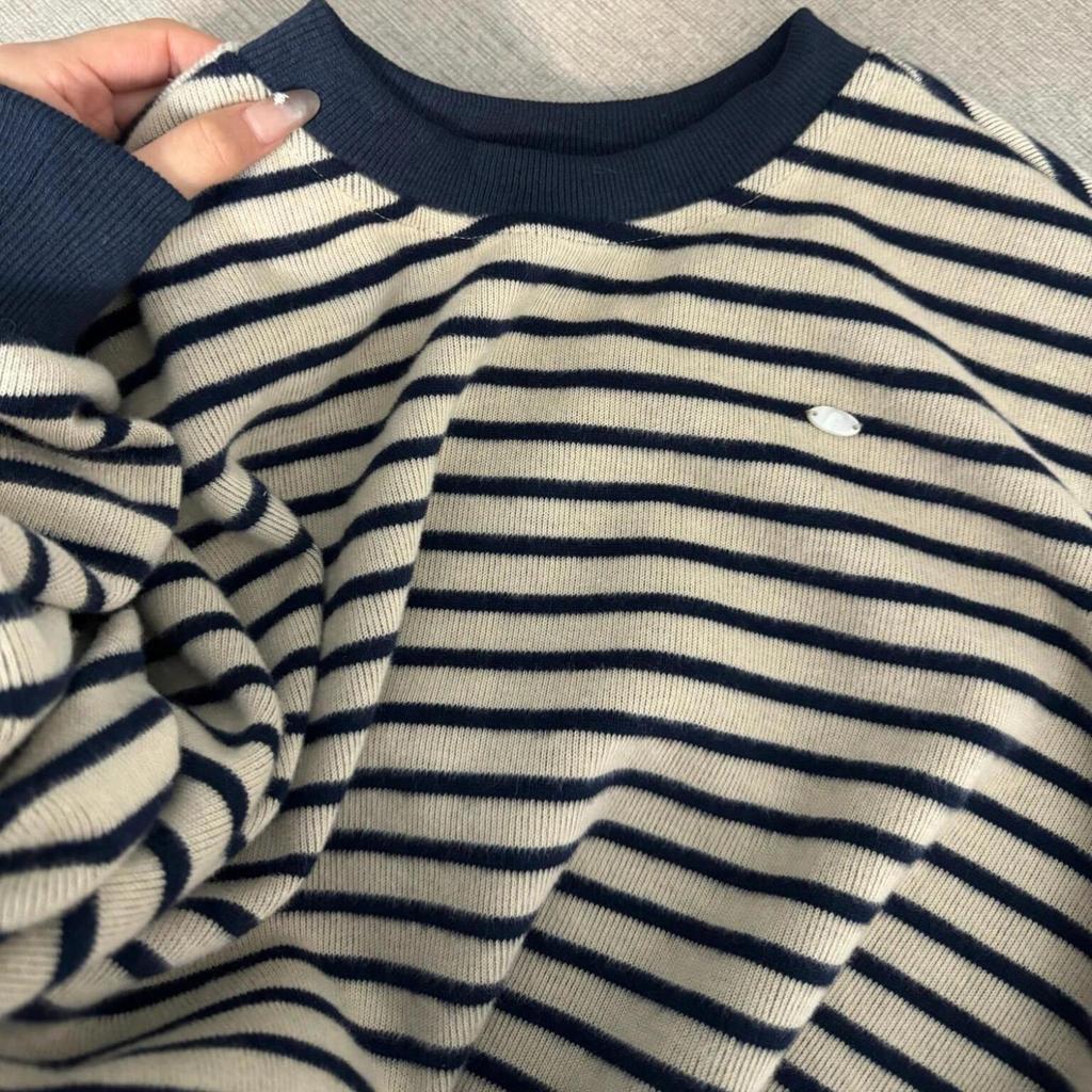 Vintage Streifen Rundhals Pullover Damen Basisschicht Herbst Winter Dick Locker Lässiger Stil Langarm Strickoberteil