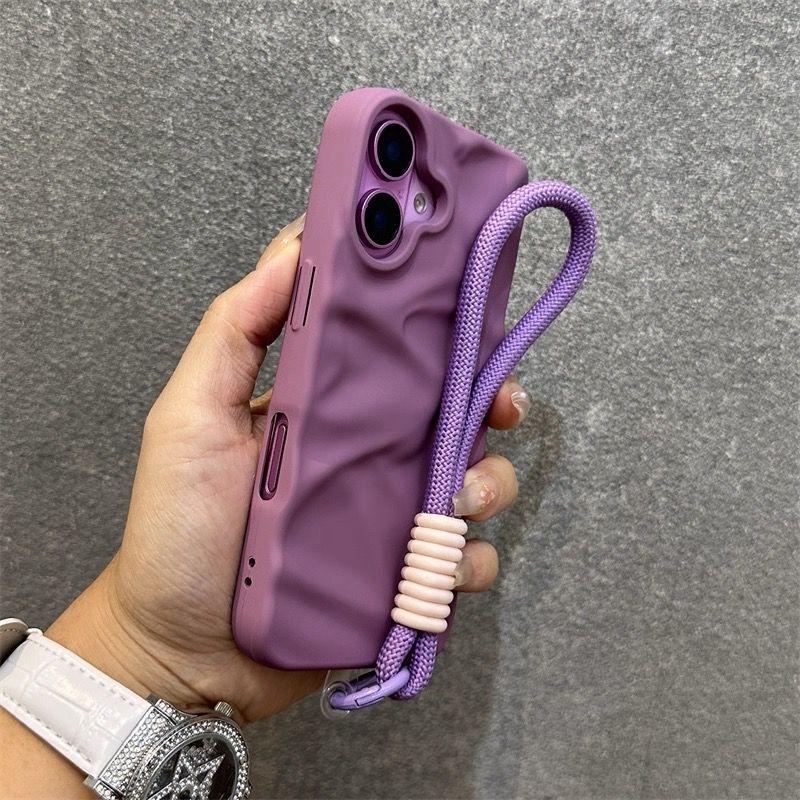 Luxury Matte Wrinkle Matte Wrist Strap Case for iPhone 17 Air 16 15 14 13 12 11 17 Pro Max Candy Ripple Soft Lanyard Cover Funda