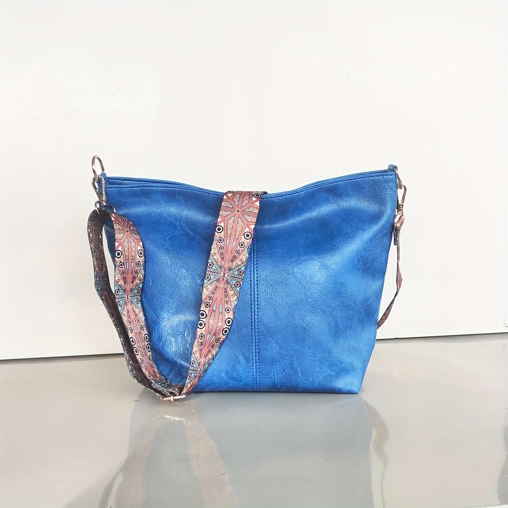 Fashionable wide shoulder strap shoulder bag, retro PU leather women's crossbody bag, casual bucket bag