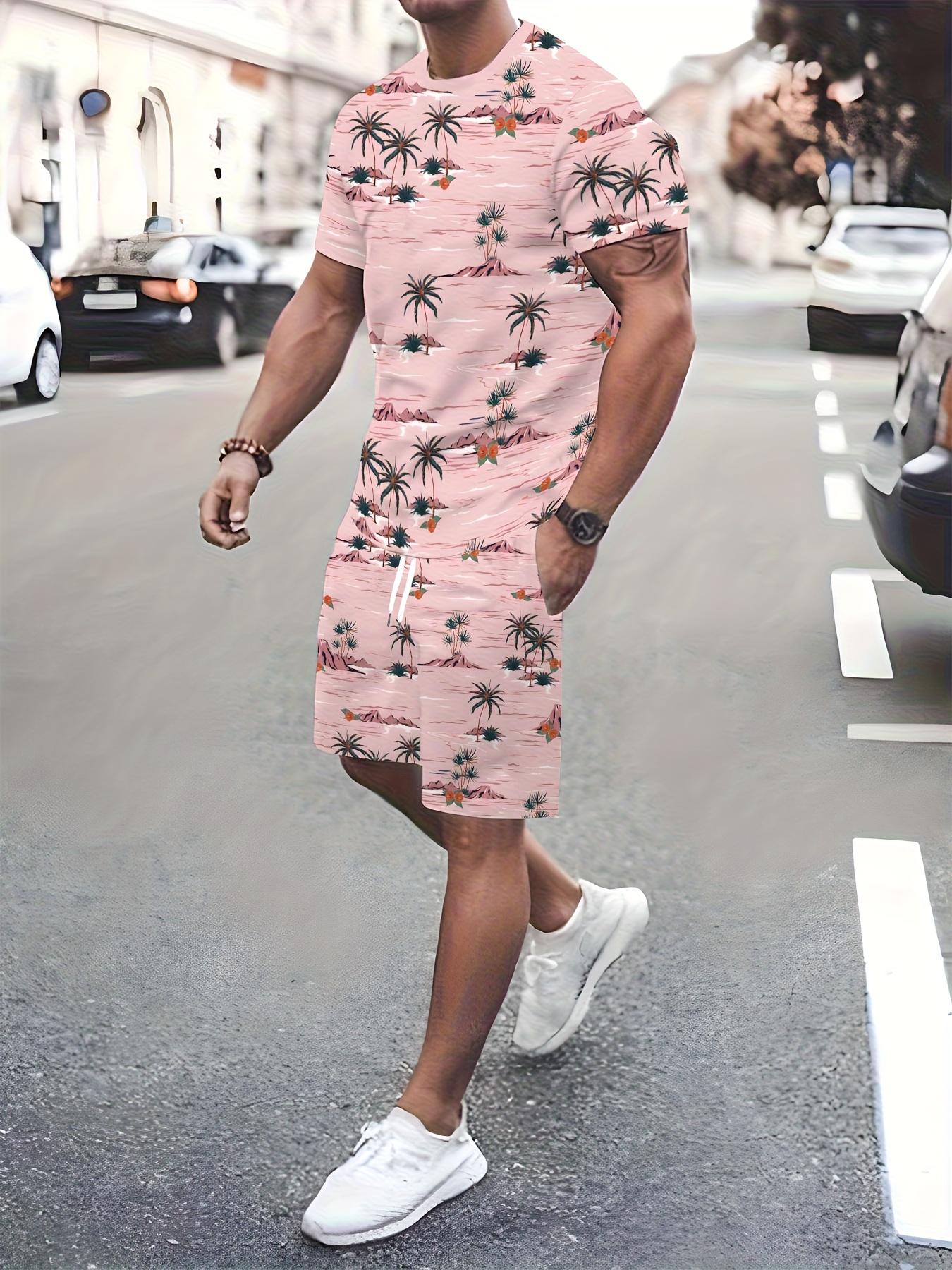 Summer Men Palm Print Short Sleeve Shorts Set Elastic Comfort Wear S