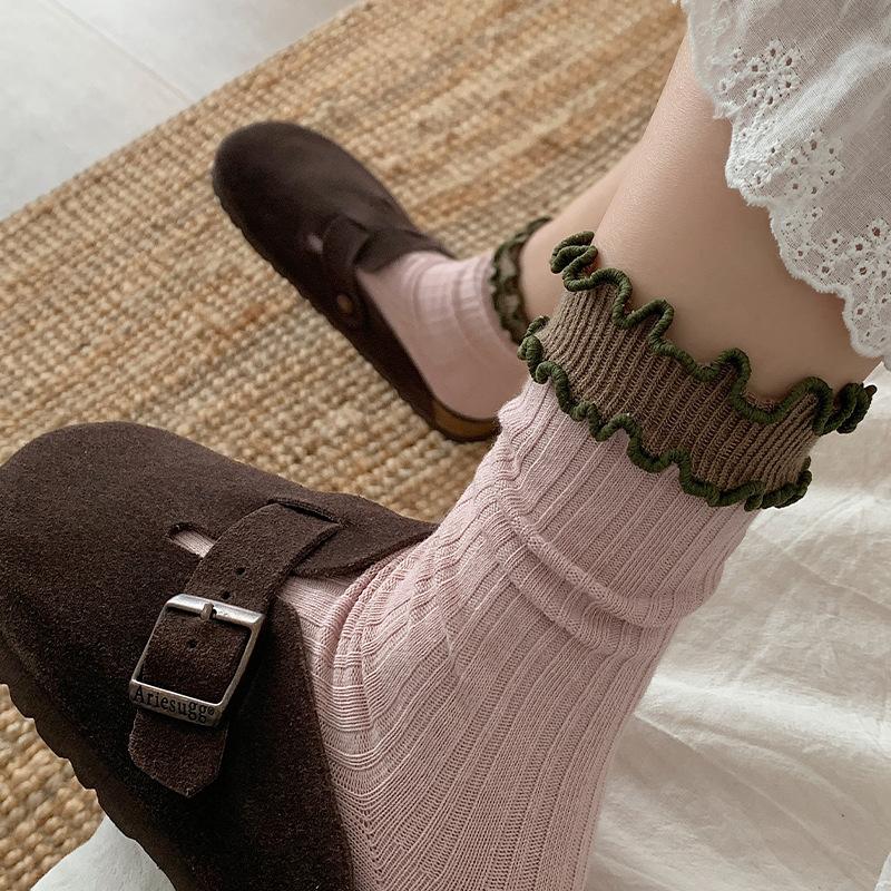 Κάλτσες Βαμβακερές Ρετρό Γλυκές και Χαριτωμένες Χρωματικές Αντιστοιχίσεις Δαντέλα Μέσης Κάλτσες Στοίβαξης